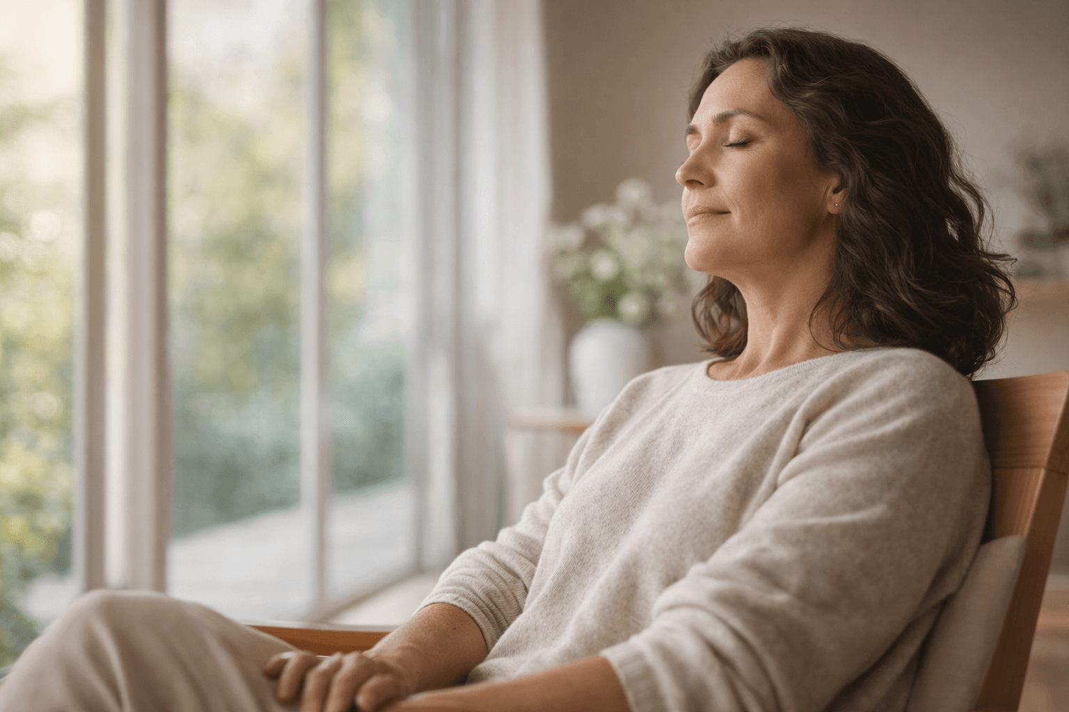 Calm portrait of a woman with gray hair wearing a light shirt, set against a soft neutral background.