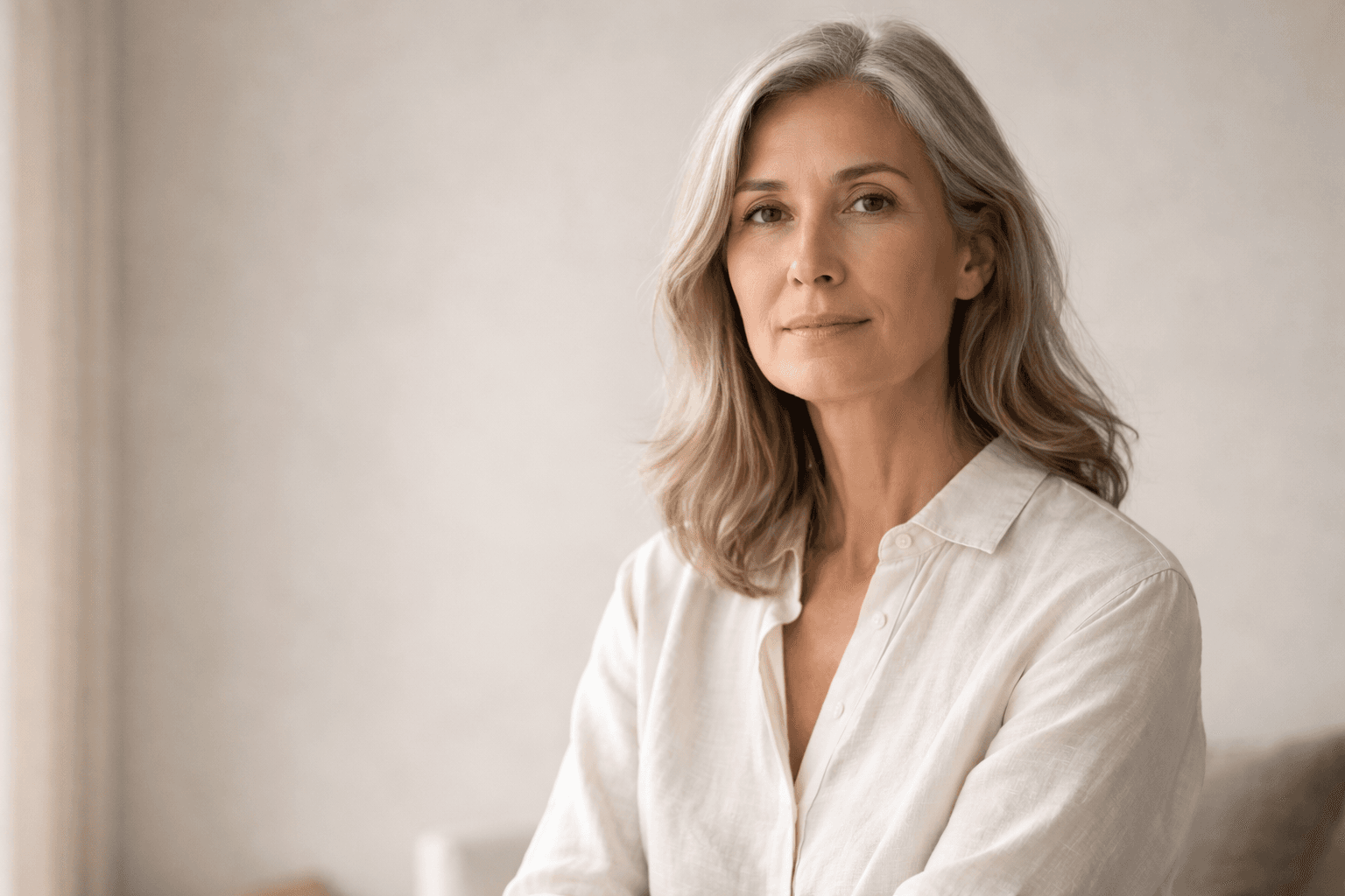 Calm portrait of a woman with gray hair wearing a light shirt, set against a soft neutral background.